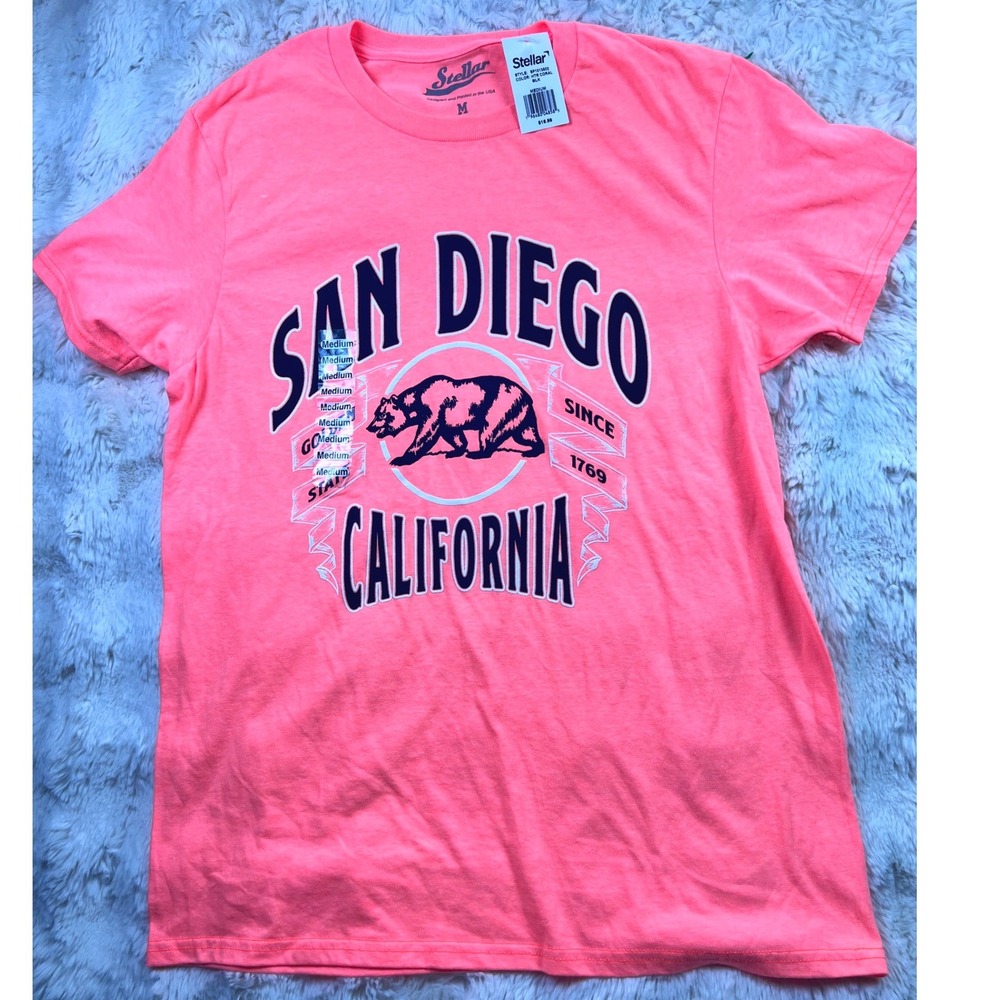 Stellar San Diego California Bear Graphic Tee Neon Coral Pink Medium NWT. A31